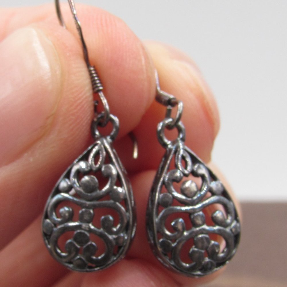 Sterling Silver Odd Rustic Dangle Earrings Vintage - image 1